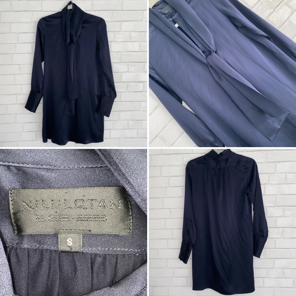 NILI LOTAN $990 Silk Navy Blue Tie Neck Mini Shirt Dress Small EUC